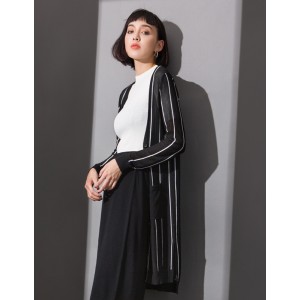 YCCL1-336 撞色条纹开衩中长款针织开衫