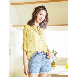 YCAB-018 V领荷叶袖印花雪纺衫
